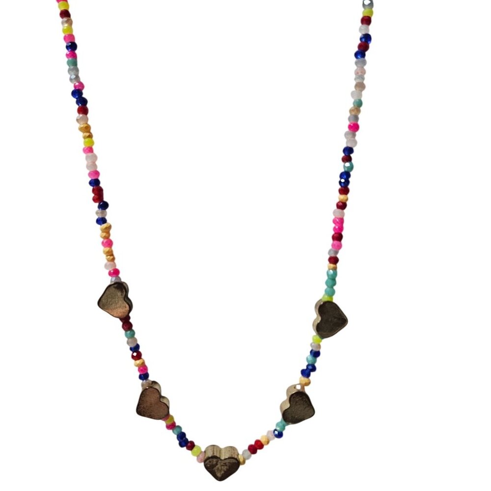 Boho Colorful Beaded Necklace Gold Tone Heart Accents Love Gift Jewelry Women